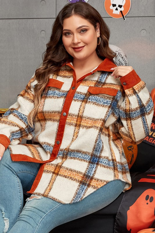 Women Plus Size Plaid Collared Buttoned Jacket