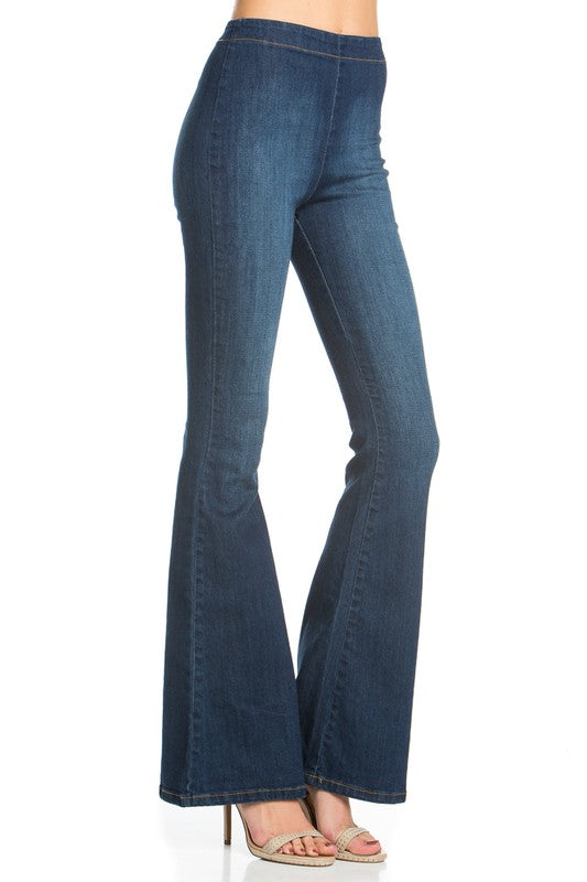 zipper back faded denim flare jeans