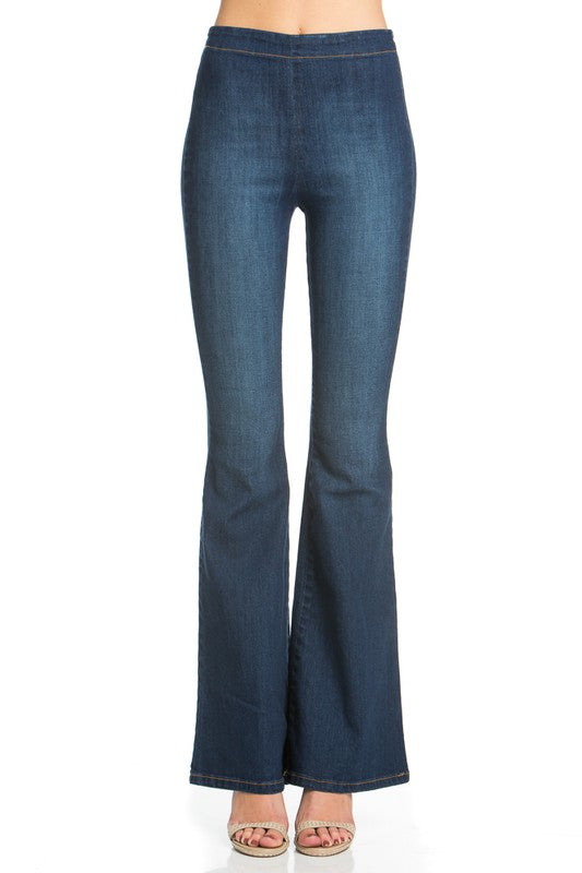 zipper back faded denim flare jeans