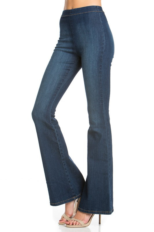 zipper back faded denim flare jeans