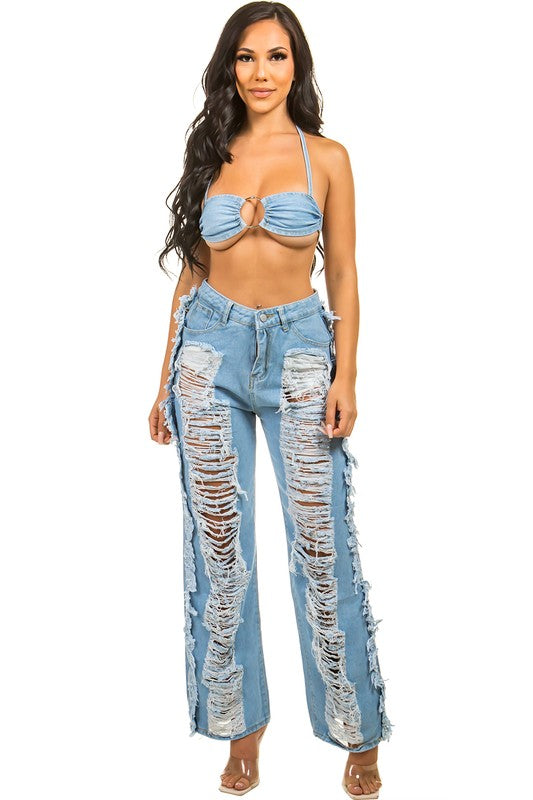 DENIM TWO PIECE PANT SET