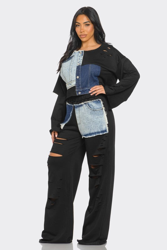 Distressed Denim Patchwork Set