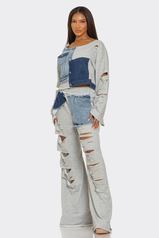 Distressed Denim Patchwork Set