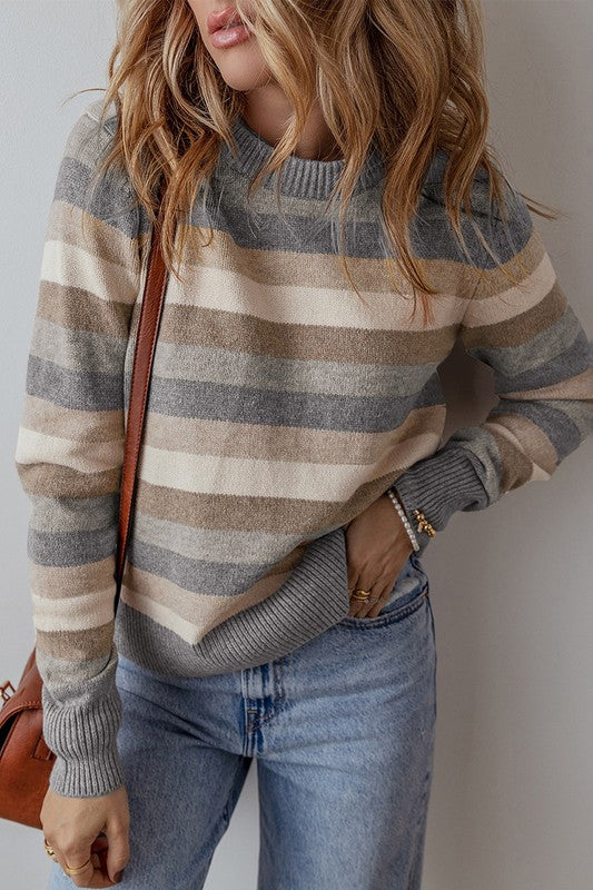 Women Color Block Ribbed Edge Round Neck Sweater