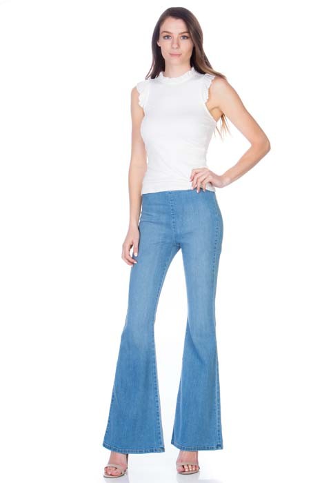 zipper back faded denim flare jeans